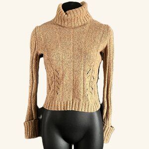 VTG Express Camel Cable Knit Angora Blend Turtleneck Swtr Sz S Cropped Lng Slv
